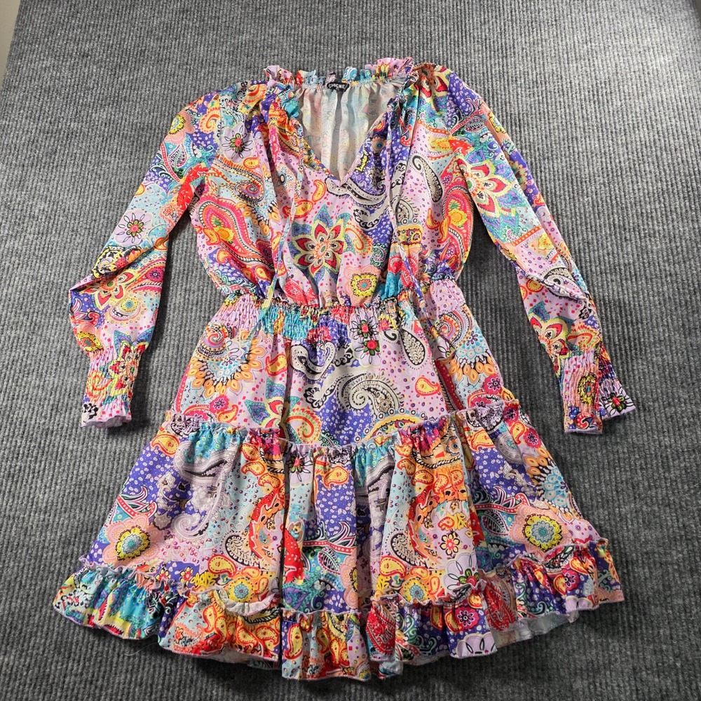 ChicMe Women Paisley Print Smocked Waist‎ Ruffle Mini Dress Multi Color Large